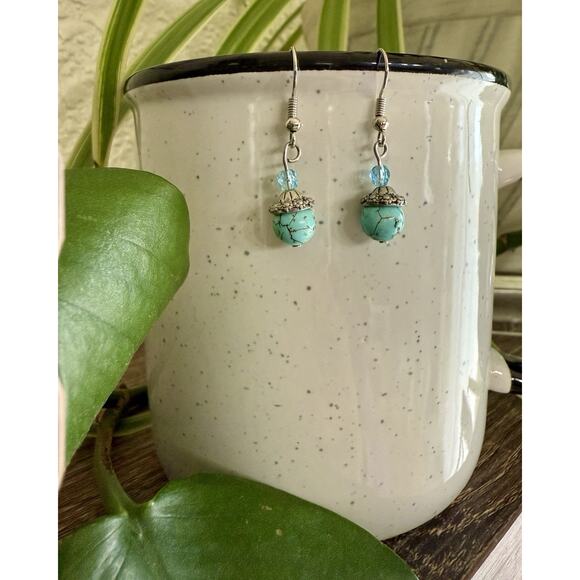 Silver Tone‎ Drop Crystal Earrings with Turquoise Bead Handmade NEW - Picture 1 of 2